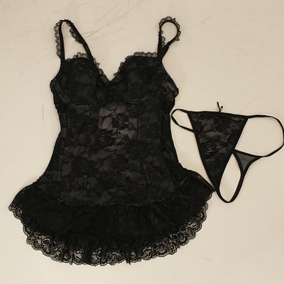 Sexy Black Lace Lingerie Bustier Corset w Thong - Picture 10 of 11